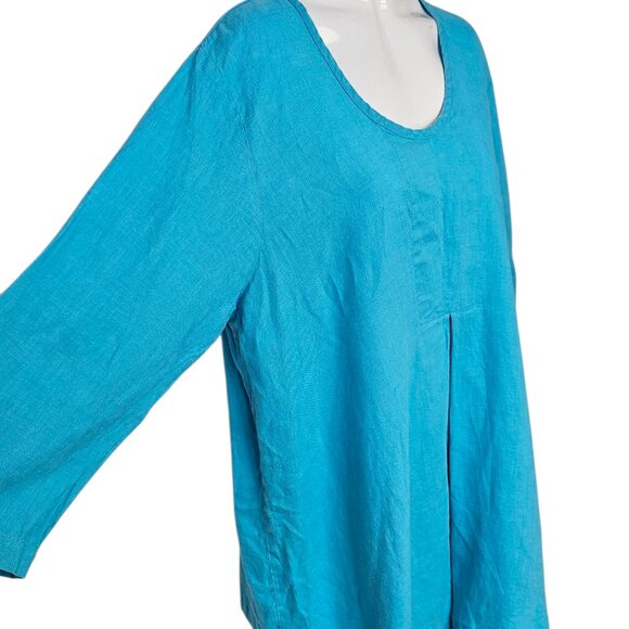 FLAX Womens 100% Linen Lagenlook Shirt, Blue, Pleated, Scoop Neck, Size M - Picture 2 of 8
